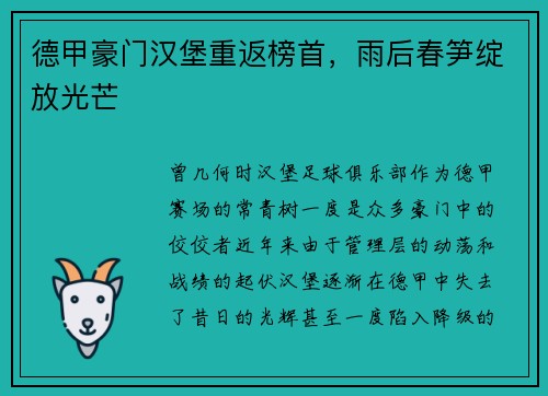 德甲豪门汉堡重返榜首，雨后春笋绽放光芒